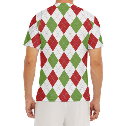 White Red And Green Argyle Pattern Print Men's Short Sleeve Rash Guard