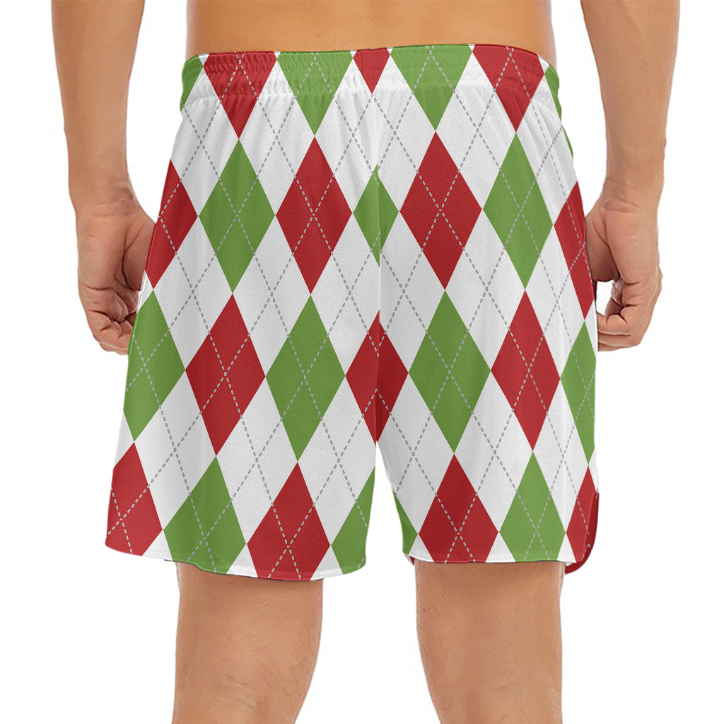 White Red And Green Argyle Pattern Print Men's Split Running Shorts