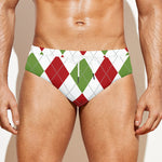 White Red And Green Argyle Pattern Print Men's Swim Briefs