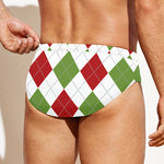 White Red And Green Argyle Pattern Print Men's Swim Briefs