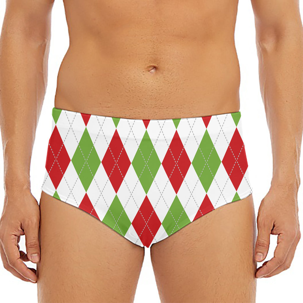 White Red And Green Argyle Pattern Print Men's Triangle Swim Briefs