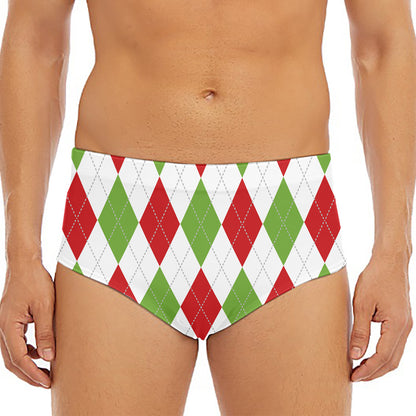 White Red And Green Argyle Pattern Print Men's Triangle Swim Briefs