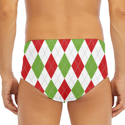 White Red And Green Argyle Pattern Print Men's Triangle Swim Briefs