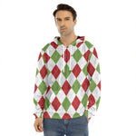White Red And Green Argyle Pattern Print Men's Velvet Pullover Hoodie