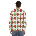 White Red And Green Argyle Pattern Print Men's Velvet Pullover Hoodie