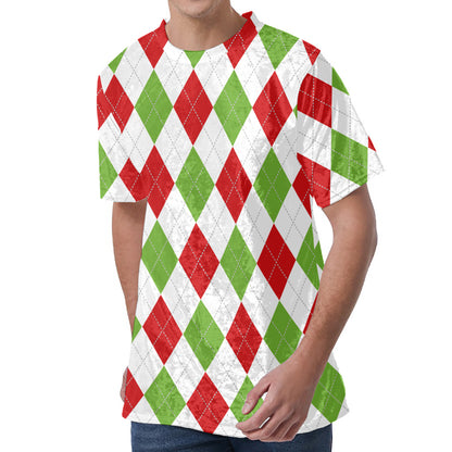 White Red And Green Argyle Pattern Print Men's Velvet T-Shirt