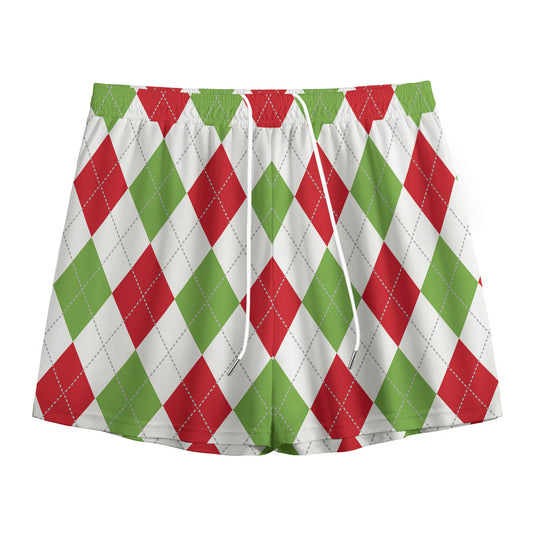 White Red And Green Argyle Pattern Print Mesh Shorts