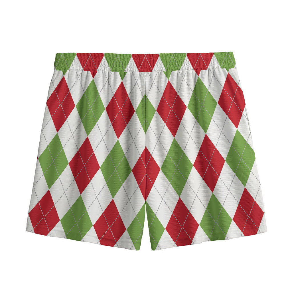 White Red And Green Argyle Pattern Print Mesh Shorts