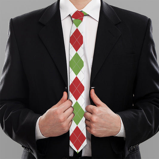 White Red And Green Argyle Pattern Print Necktie
