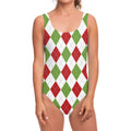 White Red And Green Argyle Pattern Print One Piece Swimsuit