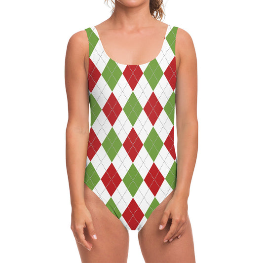 White Red And Green Argyle Pattern Print One Piece Swimsuit