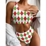 White Red And Green Argyle Pattern Print One Shoulder Bikini Top