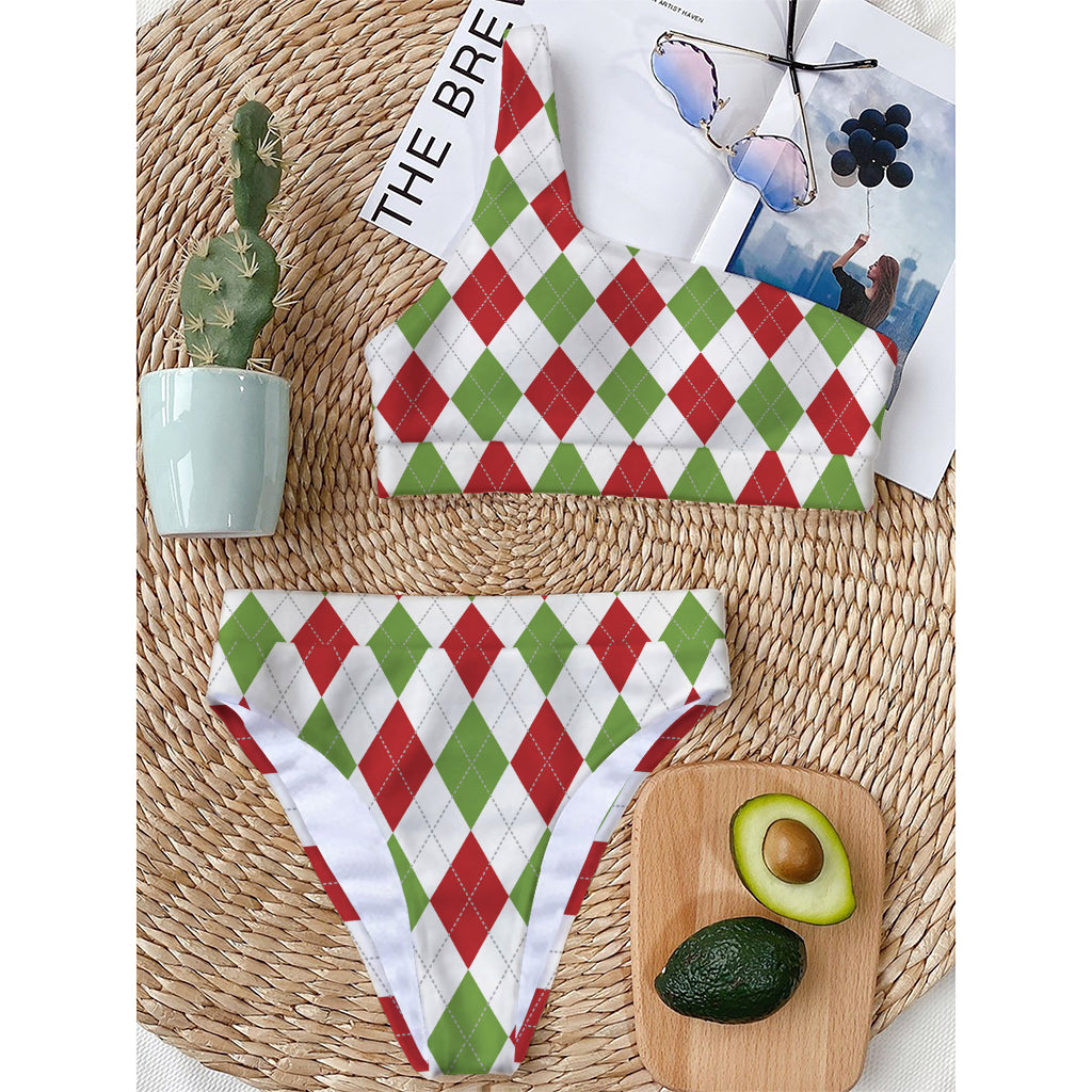 White Red And Green Argyle Pattern Print One Shoulder Bikini Top