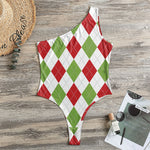 White Red And Green Argyle Pattern Print One Shoulder Bodysuit