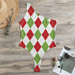 White Red And Green Argyle Pattern Print One Shoulder Bodysuit