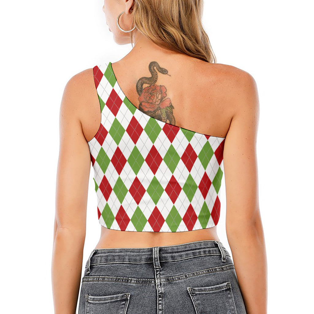 White Red And Green Argyle Pattern Print One Shoulder Crop Top