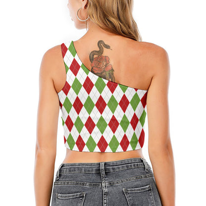 White Red And Green Argyle Pattern Print One Shoulder Crop Top