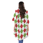 White Red And Green Argyle Pattern Print Open Front Beach Cover Up