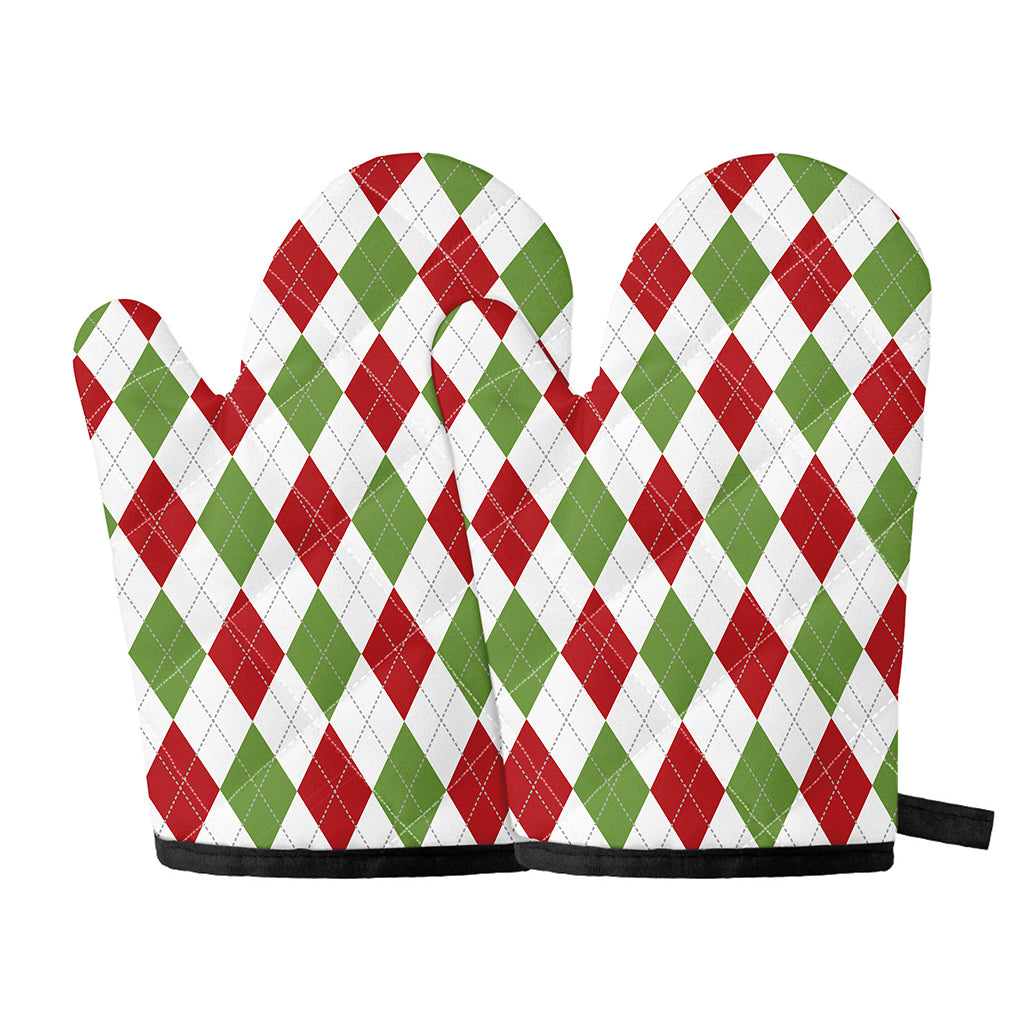 White Red And Green Argyle Pattern Print Oven Mitts