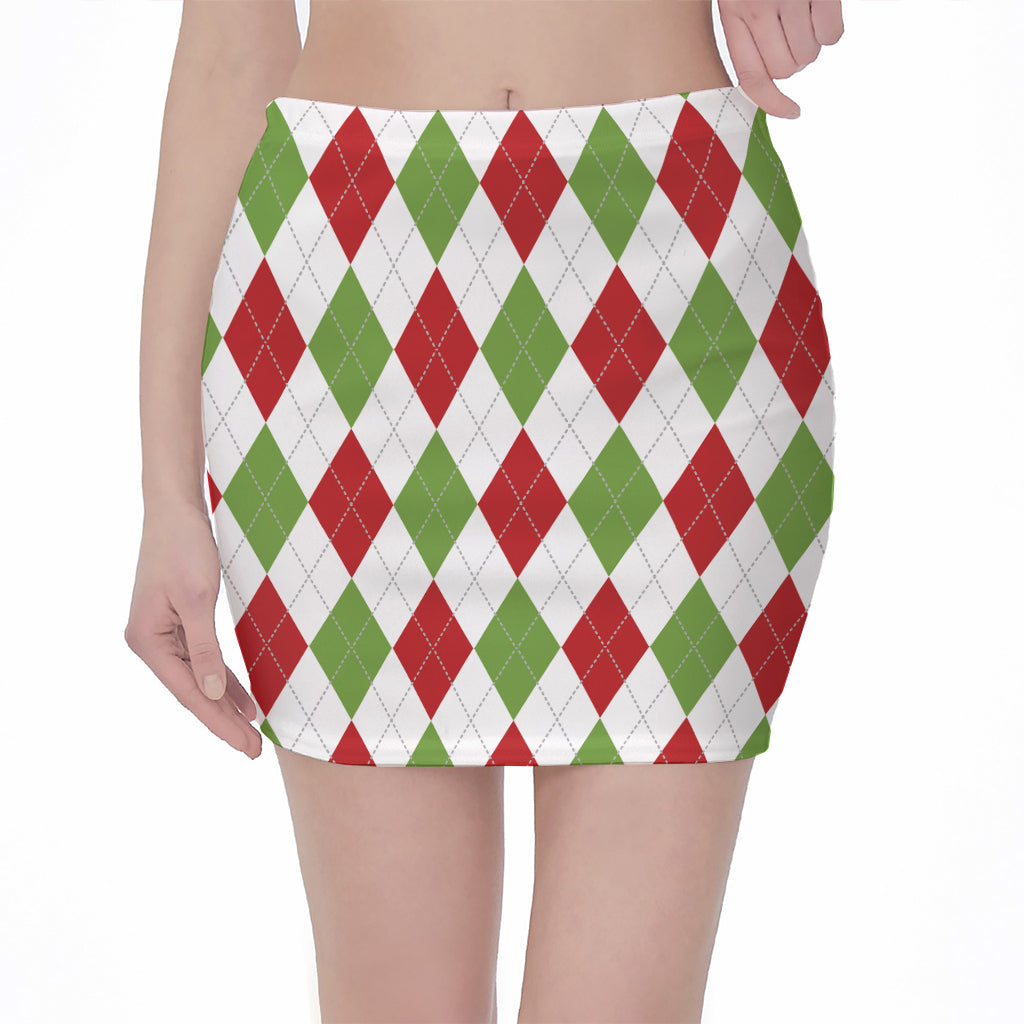 White Red And Green Argyle Pattern Print Pencil Mini Skirt
