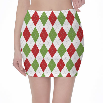 White Red And Green Argyle Pattern Print Pencil Mini Skirt