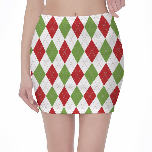 White Red And Green Argyle Pattern Print Pencil Mini Skirt
