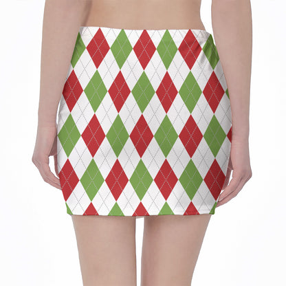 White Red And Green Argyle Pattern Print Pencil Mini Skirt