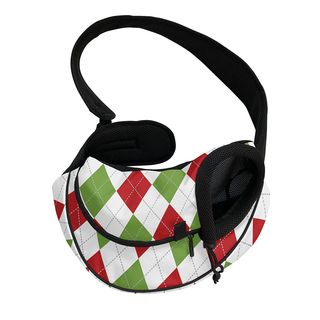 White Red And Green Argyle Pattern Print Pet Sling Carrier