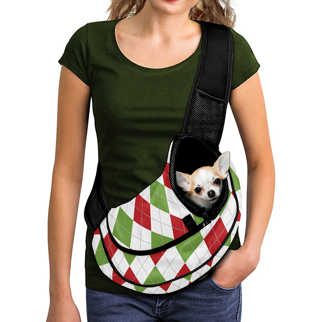 White Red And Green Argyle Pattern Print Pet Sling Carrier