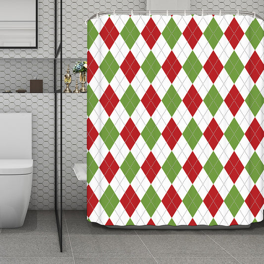 White Red And Green Argyle Pattern Print Polyester Shower Curtain