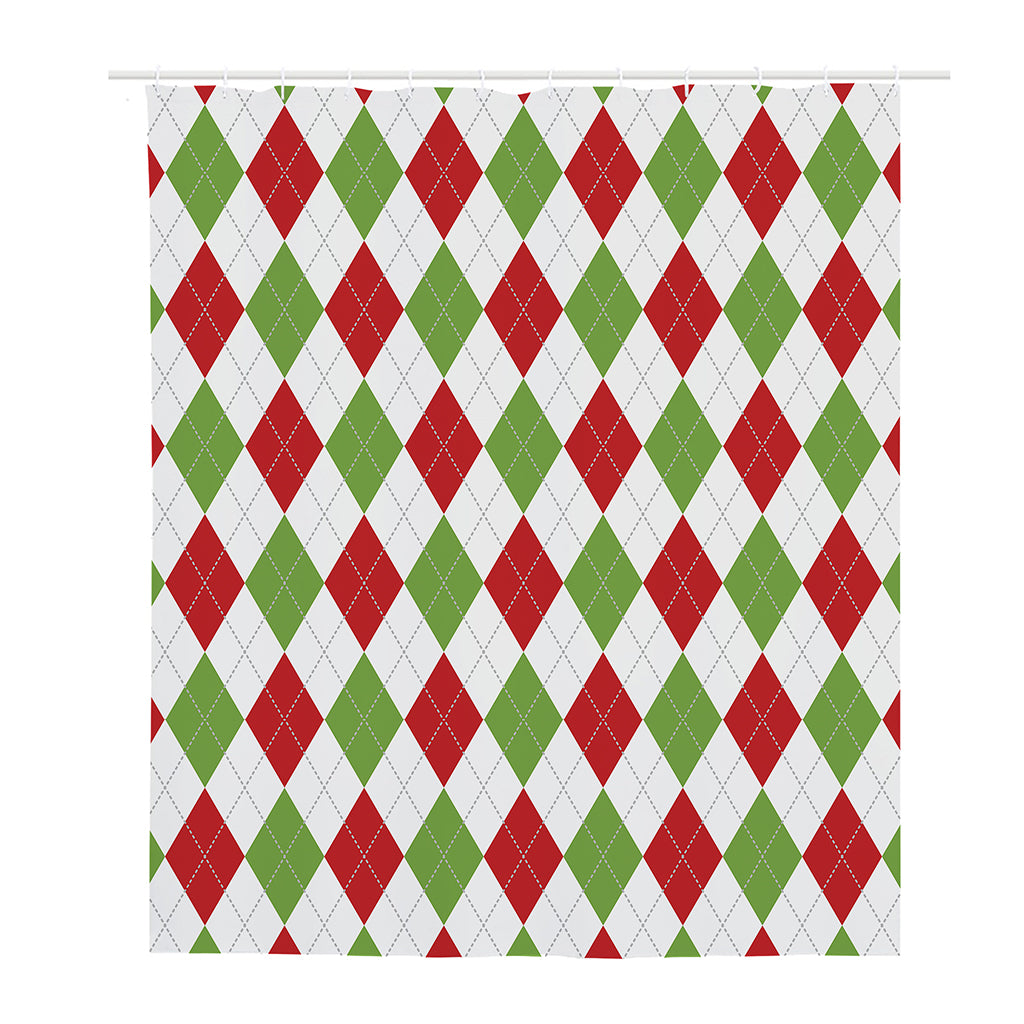 White Red And Green Argyle Pattern Print Polyester Shower Curtain