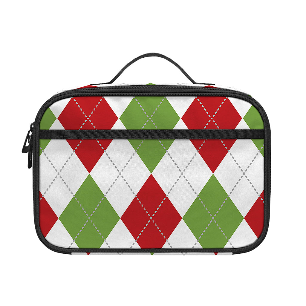 White Red And Green Argyle Pattern Print Portable Lunch Bag
