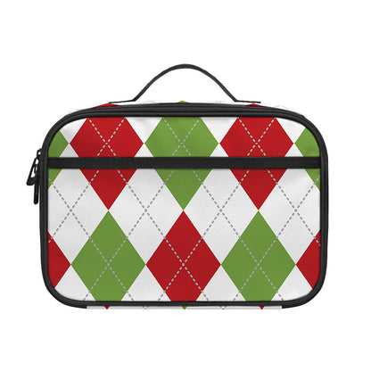 White Red And Green Argyle Pattern Print Portable Lunch Bag