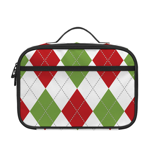 White Red And Green Argyle Pattern Print Portable Lunch Bag