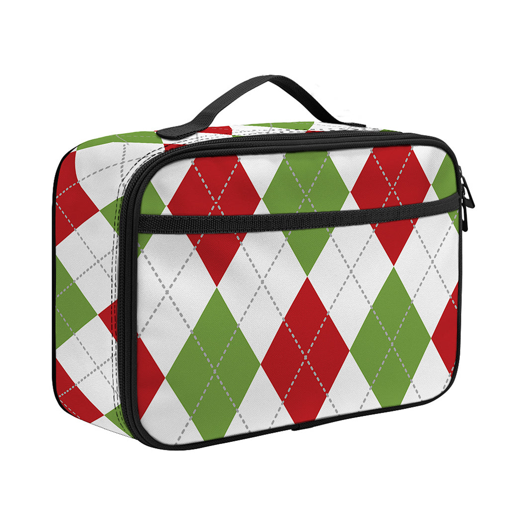 White Red And Green Argyle Pattern Print Portable Lunch Bag