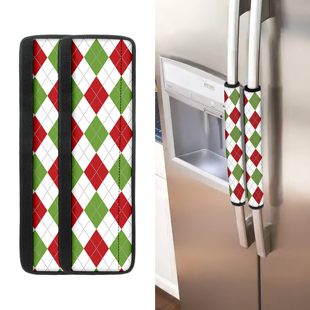 White Red And Green Argyle Pattern Print Refrigerator Handle Covers