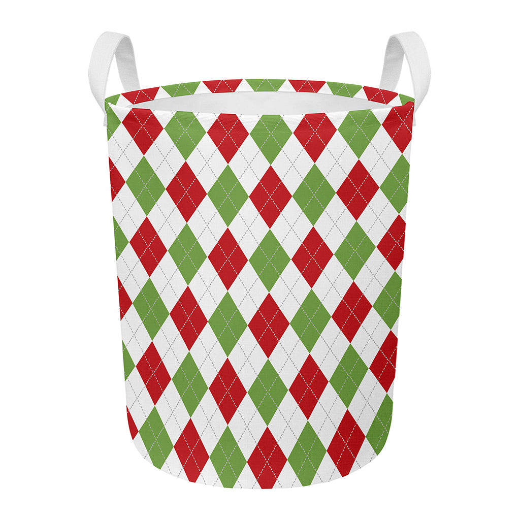 White Red And Green Argyle Pattern Print Round Laundry Basket