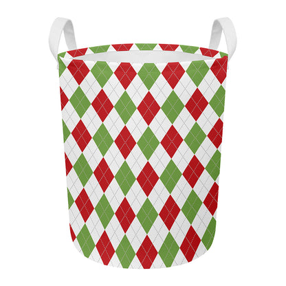 White Red And Green Argyle Pattern Print Round Laundry Basket