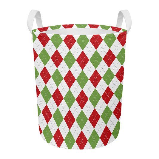 White Red And Green Argyle Pattern Print Round Laundry Basket
