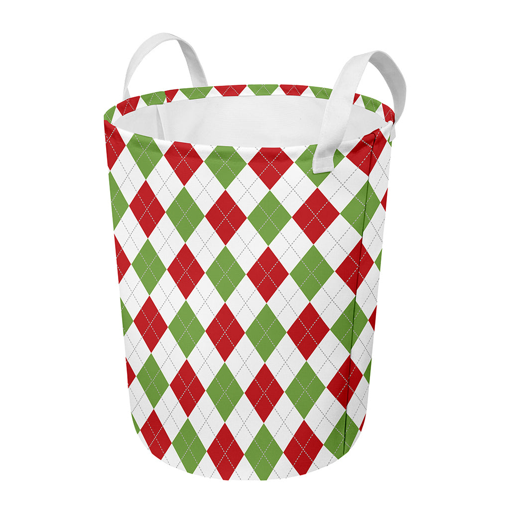 White Red And Green Argyle Pattern Print Round Laundry Basket
