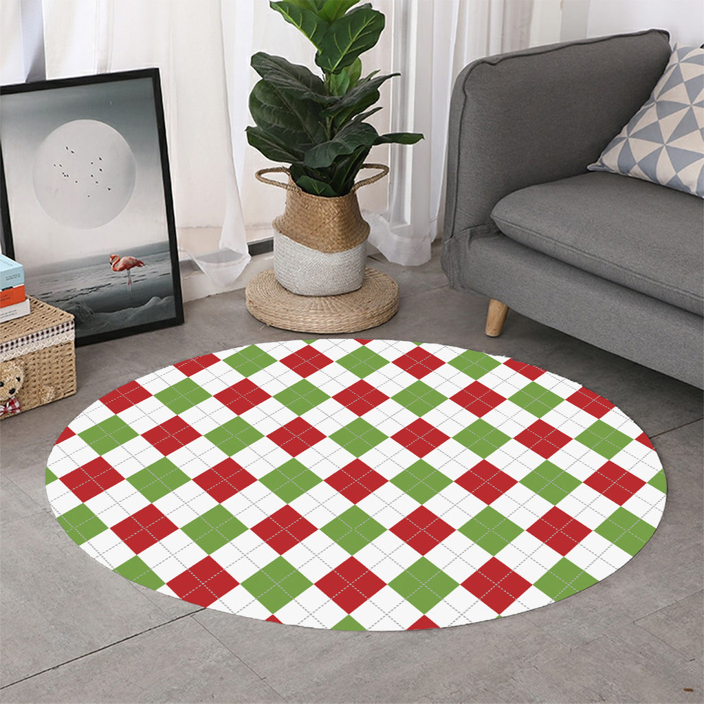 White Red And Green Argyle Pattern Print Round Rug