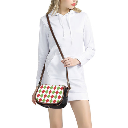 White Red And Green Argyle Pattern Print Saddle Bag