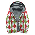 White Red And Green Argyle Pattern Print Sherpa Lined Zip Up Hoodie