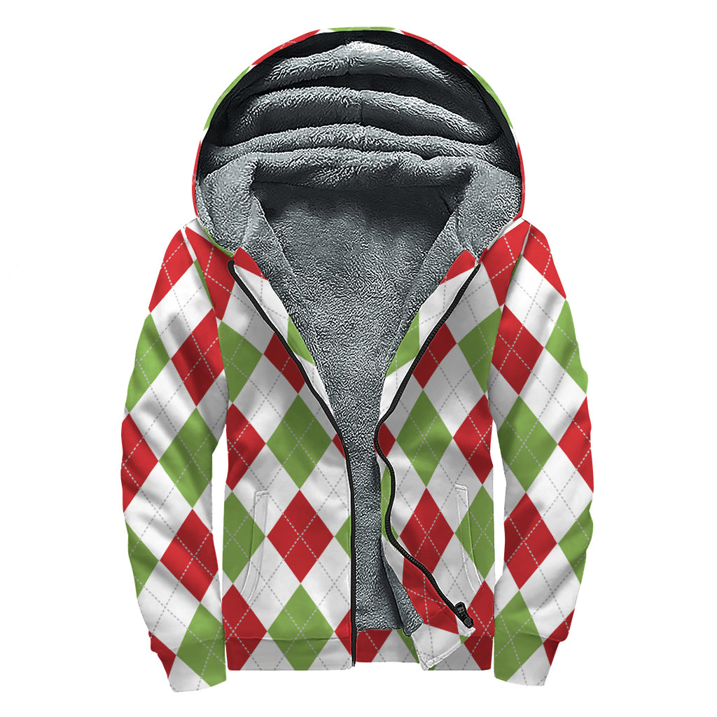 White Red And Green Argyle Pattern Print Sherpa Lined Zip Up Hoodie
