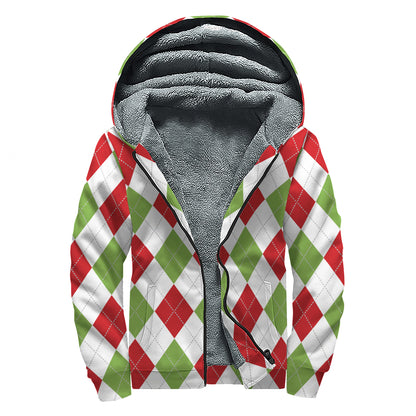 White Red And Green Argyle Pattern Print Sherpa Lined Zip Up Hoodie