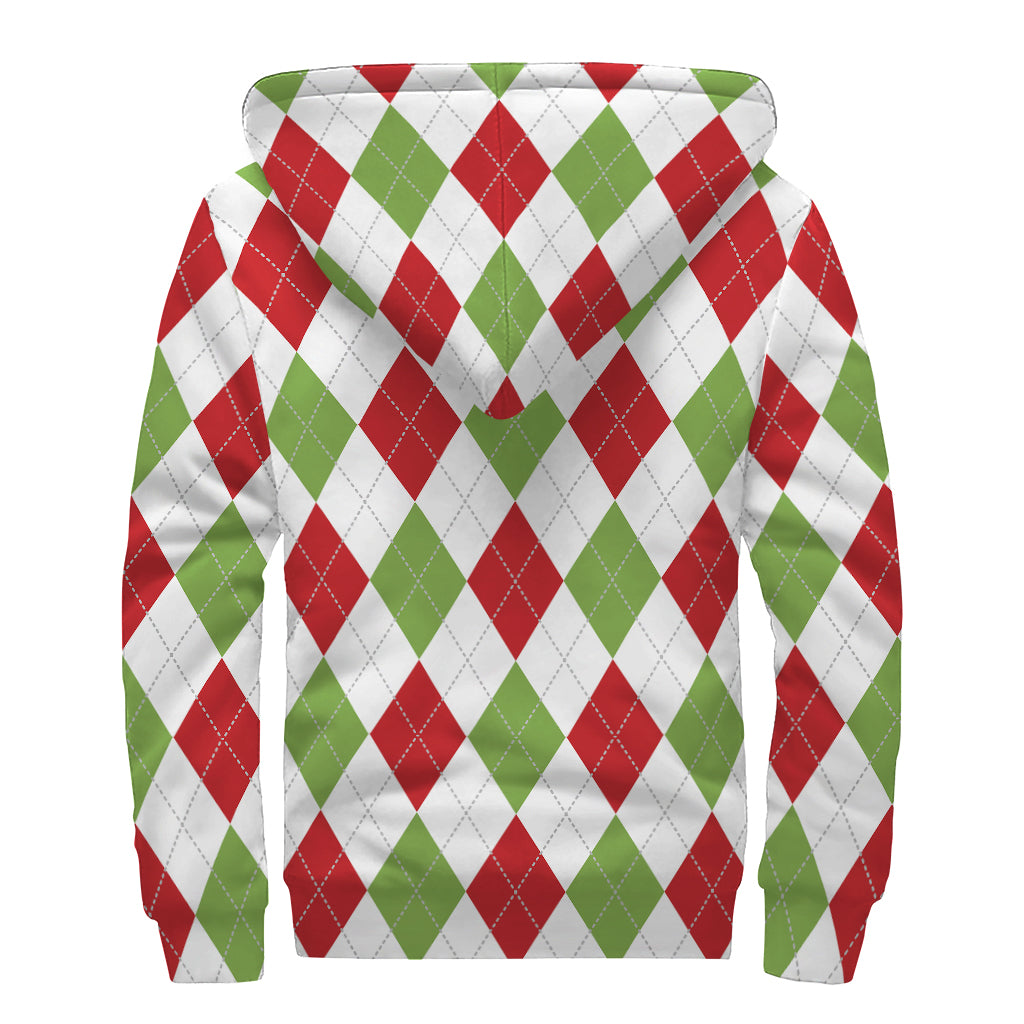 White Red And Green Argyle Pattern Print Sherpa Lined Zip Up Hoodie