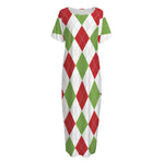 White Red And Green Argyle Pattern Print Short Sleeve Long Nightdress