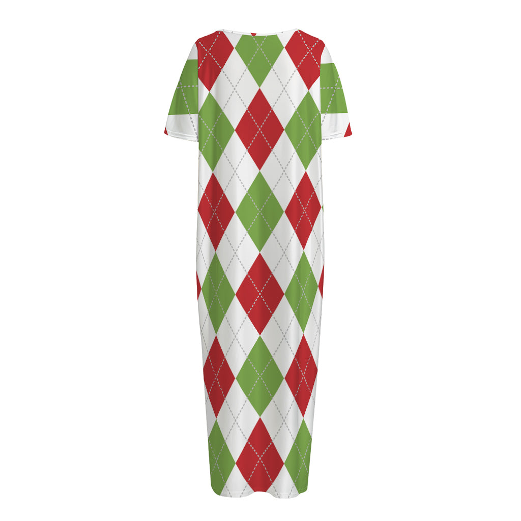 White Red And Green Argyle Pattern Print Short Sleeve Long Nightdress