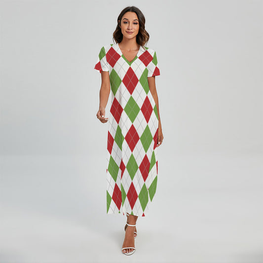 White Red And Green Argyle Pattern Print Short Sleeve Maxi Dress