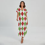 White Red And Green Argyle Pattern Print Short Sleeve Maxi Dress